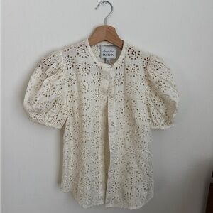Ivory Eyelet Puff Sleeve Blouse with Pearl Buttons